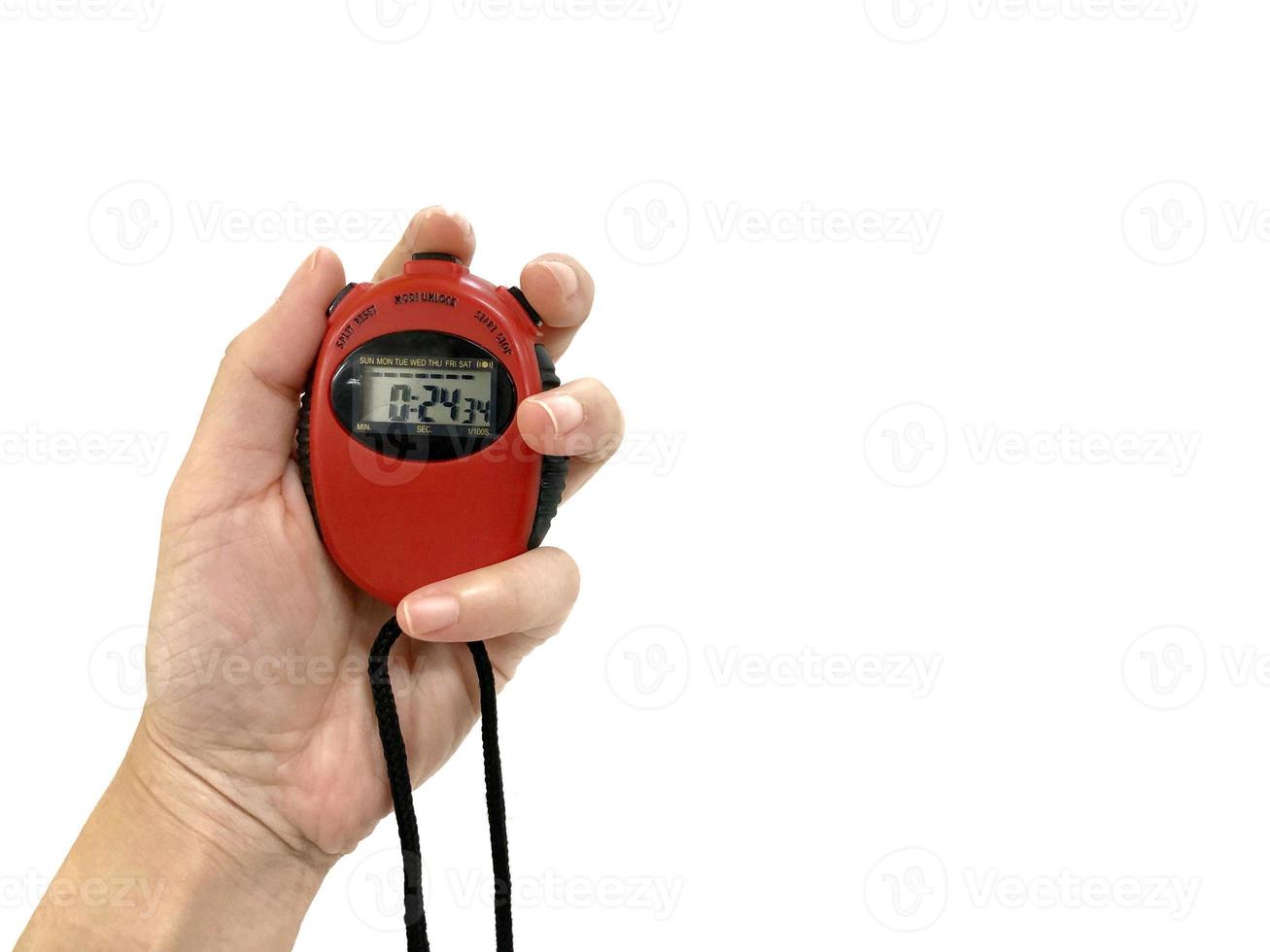 Hand mit rotem Stoppuhr-Timer auf weißem Hintergrund, isoliert foto