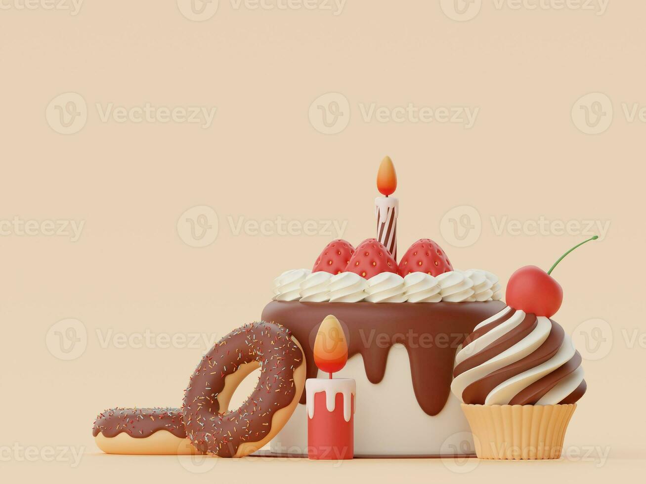 Geburtstag Kuchen zum Feier Party, Kerze, Tasse Kuchen, Krapfen, glücklich Geburtstag, 3d Illustration foto