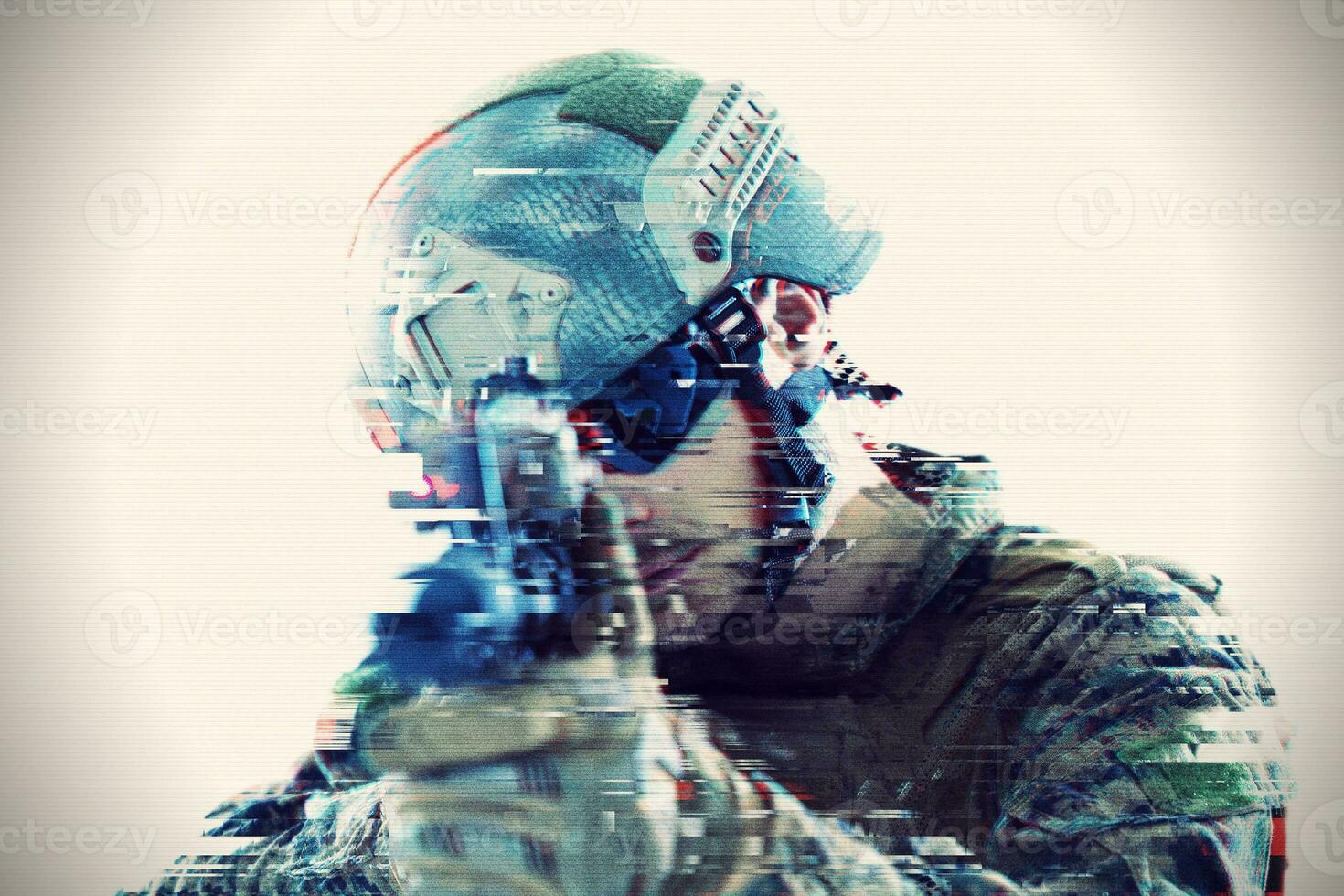 Soldat, der Laservisier-Optikstörung zielt foto