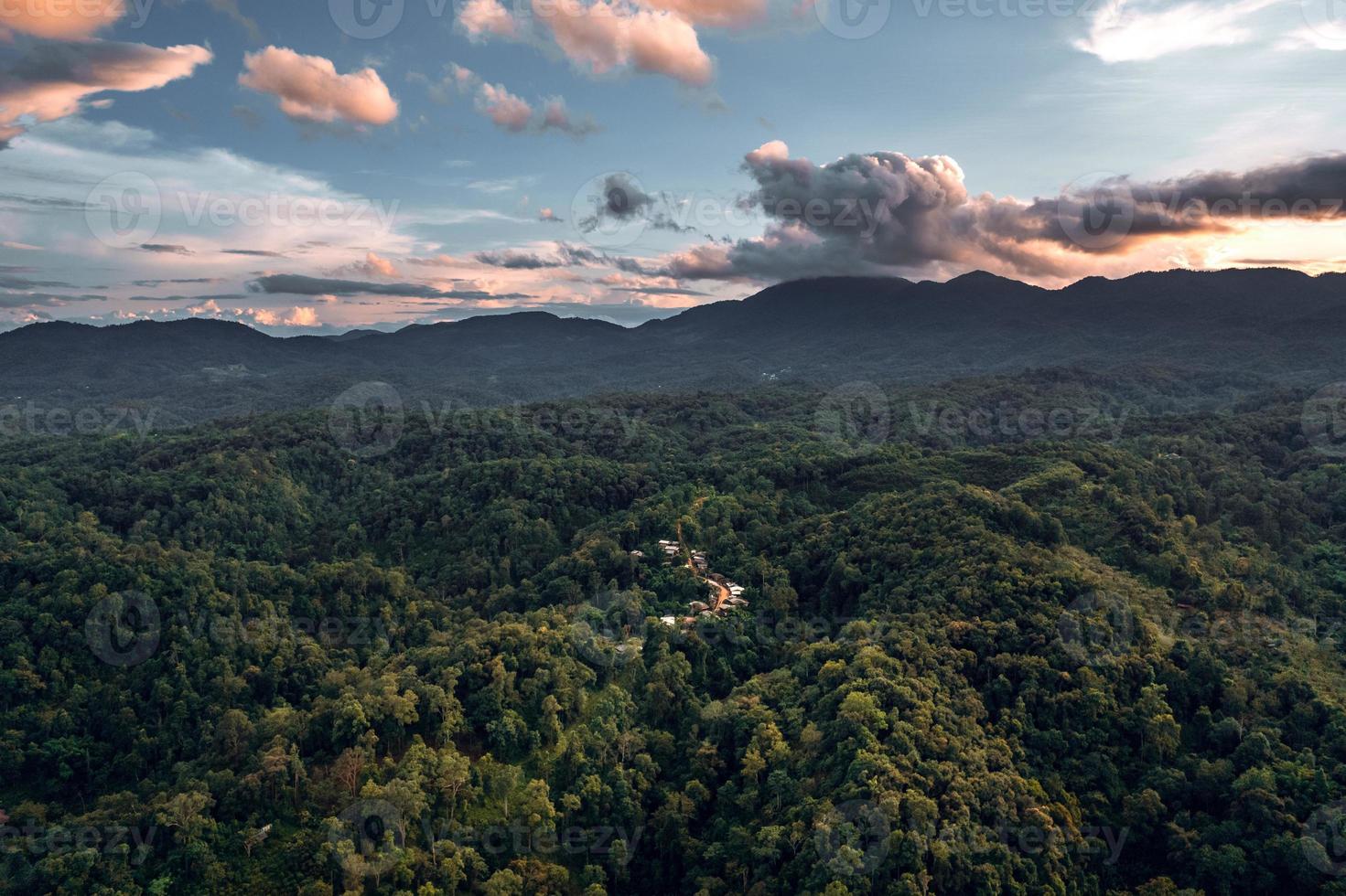 Berge und grüner Wald am Abend foto