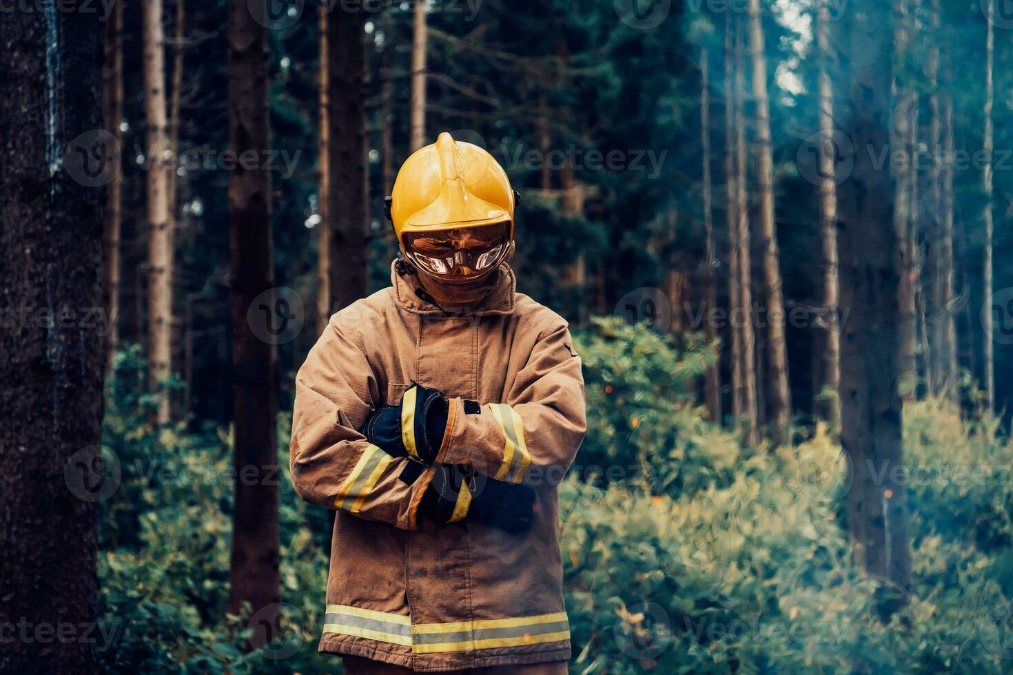 Feuerwehrmann beim Arbeit. Feuerwehrmann im gefährlich Wald Bereiche umgeben durch stark Feuer. Konzept von das Arbeit von das Feuer Bedienung foto