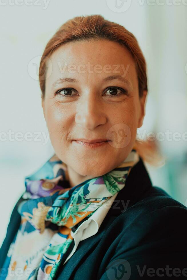 Porträt von ein Senior Geschäftsfrau im ein modern Konzern. selektiv Fokus foto