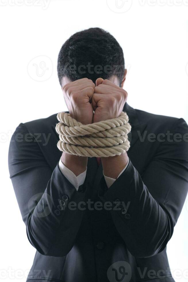 Geschäftsmann mit Seil isoliert auf weißem Hintergrund foto