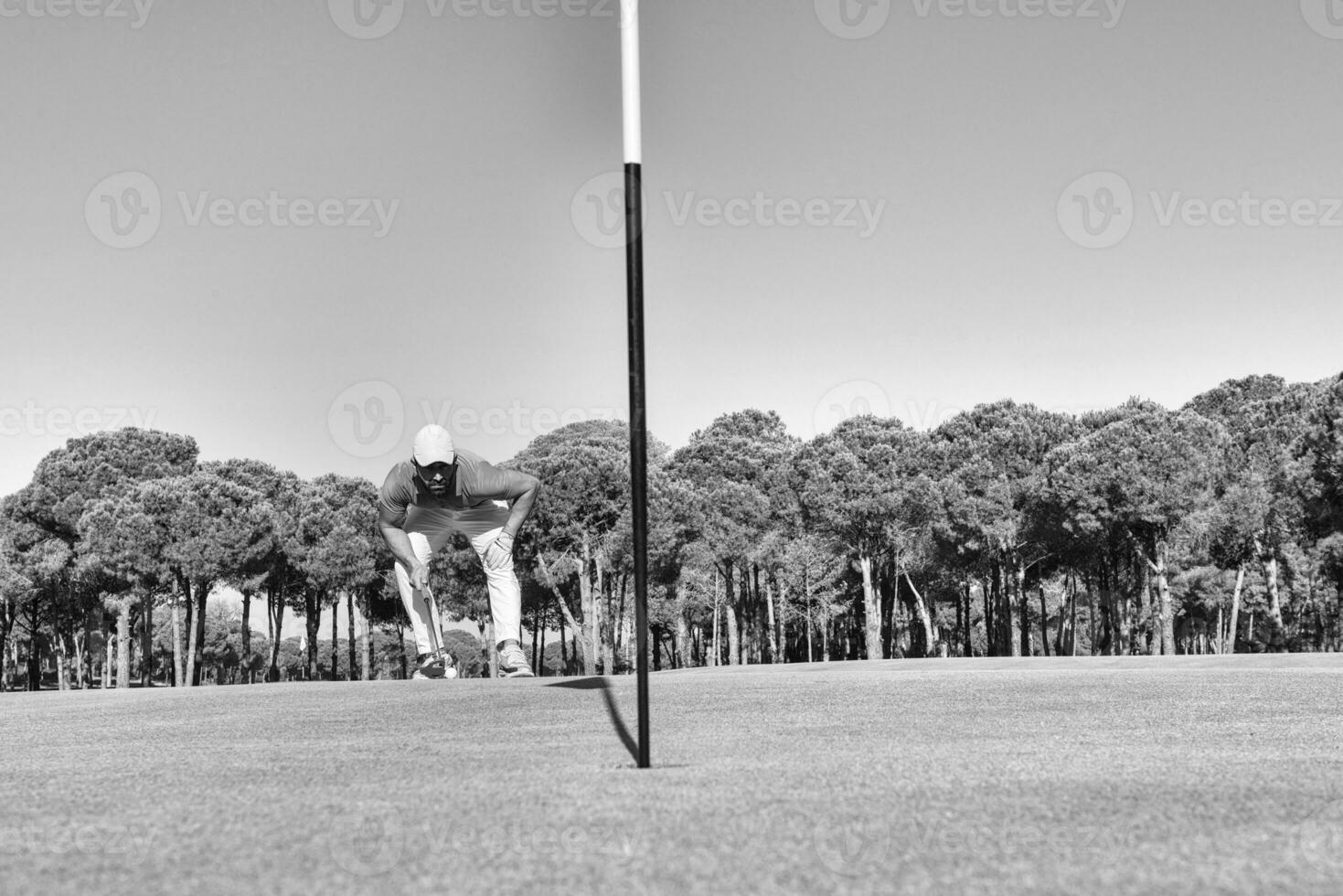 Golf Spieler Schlagen Schuss mit Verein auf Kurs foto