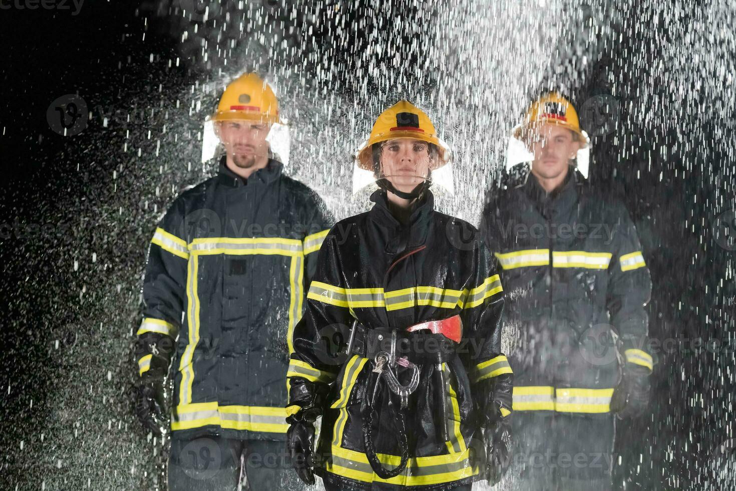 Porträt von ein Gruppe von Feuerwehrleute Stehen und Gehen mutig und optimistisch mit ein weiblich wie Mannschaft Führer. foto