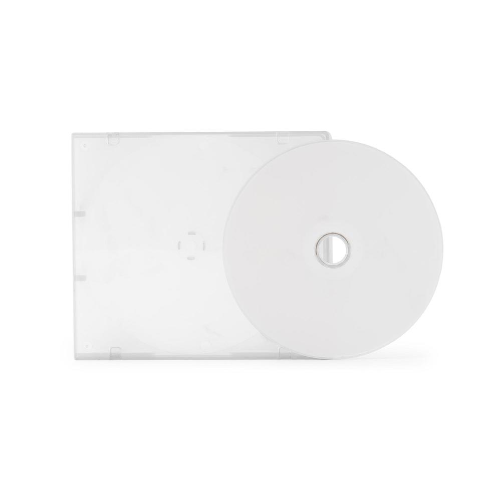 realistische weiße CD mit Box-Cover-Vorlage isoliert auf weiß foto