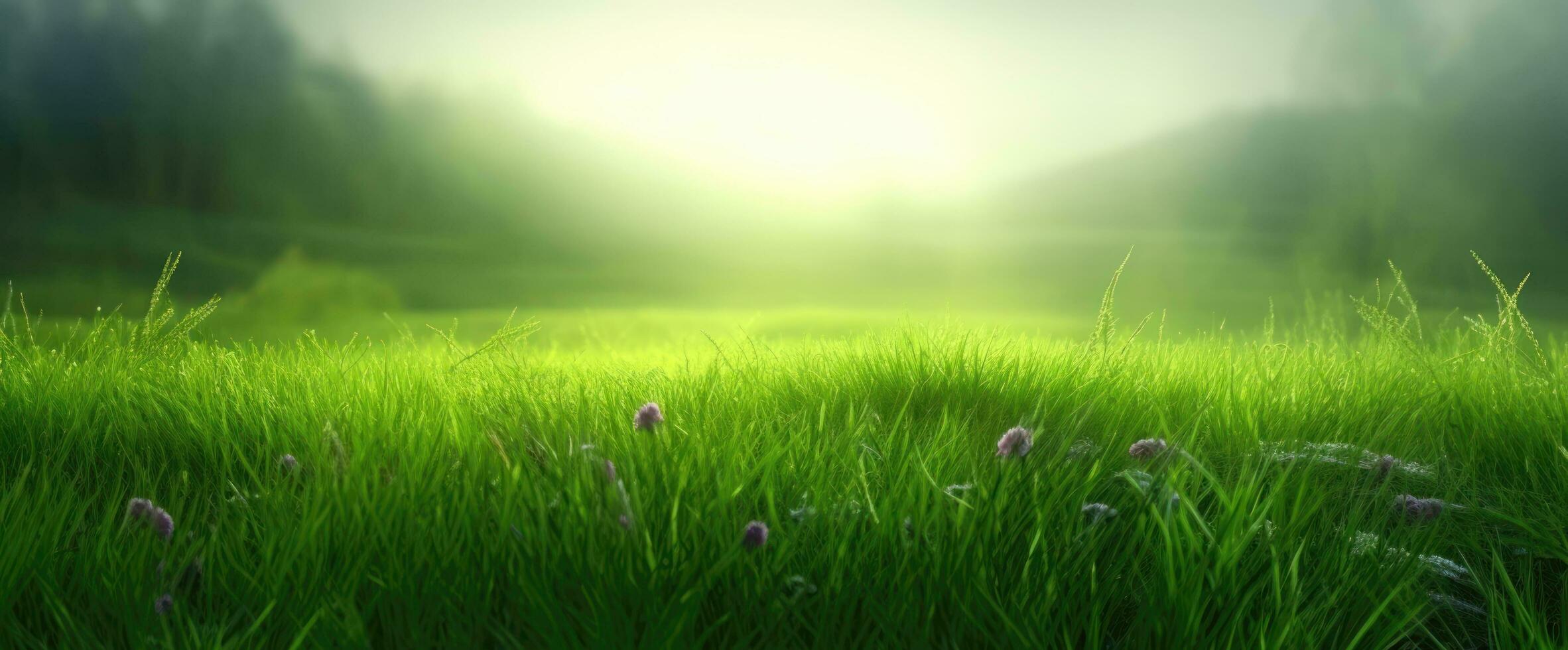 üppig Grün Gras auf Wiese im Morgen Licht, Frühling Sommer- draußen Nahaufnahme, Kopieren Raum, breit Format. ein schön künstlerisch Darstellung von das Reinheit und Frische von Natur. ai generiert foto