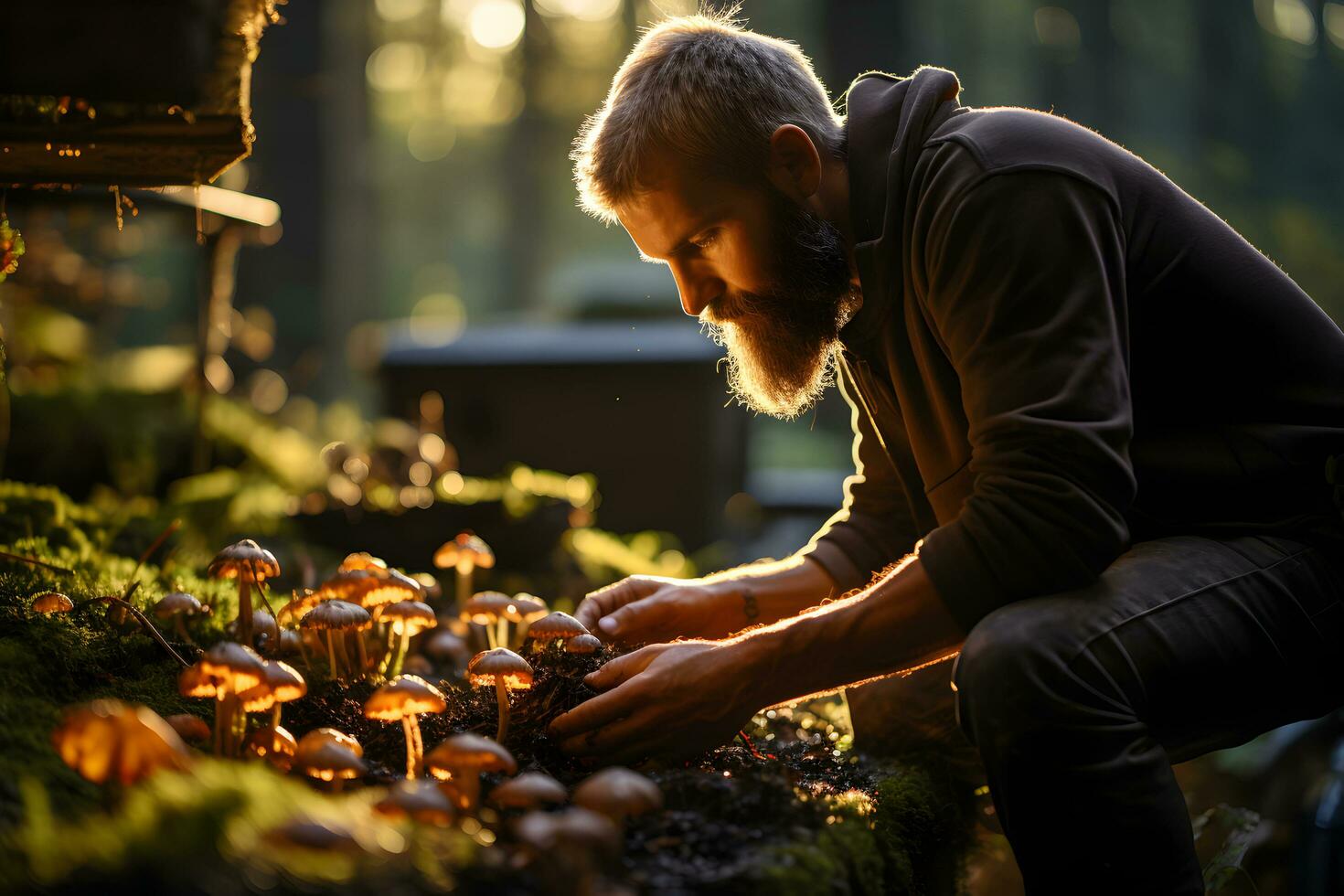 Mitte alt Mann pflücken Pilze im das Herbst Wald. pflücken Jahreszeit und Freizeit Menschen, fallen Konzept. ai generativ foto