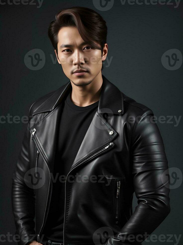 asiatisch gut aussehend Mann im schwarz Leder Jacke foto