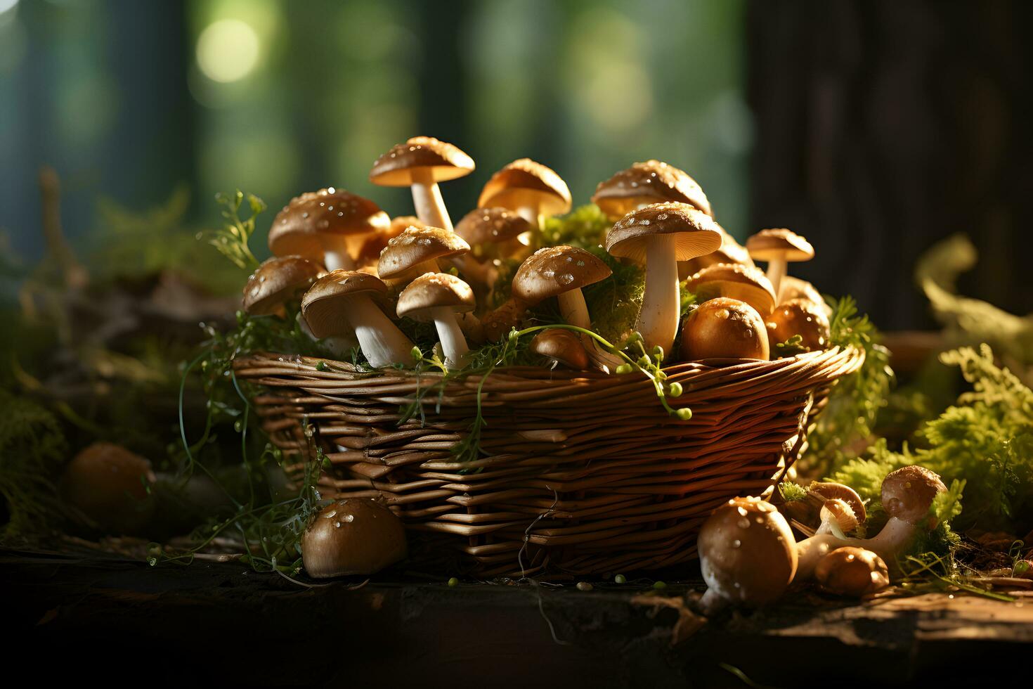 frisch gepflückt Pilze im ein Korb auf das Herbst, fallen Wald Hintergrund. foto