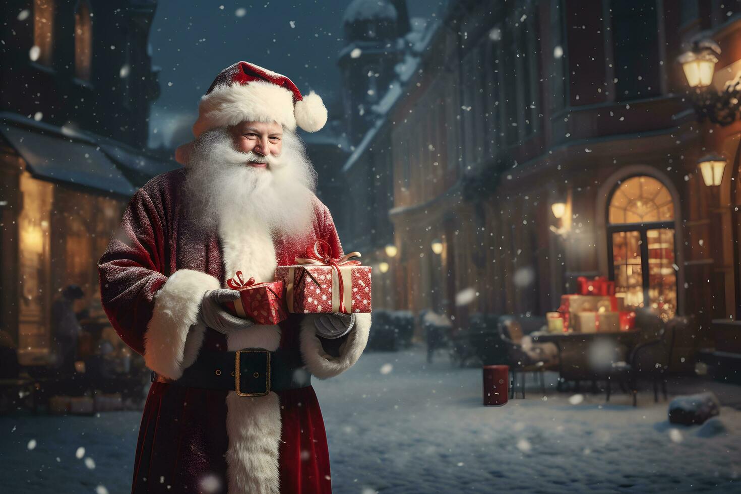 glücklich Santa claus draußen im Schneefall mit Weihnachten Geschenk Box im das Hände. foto