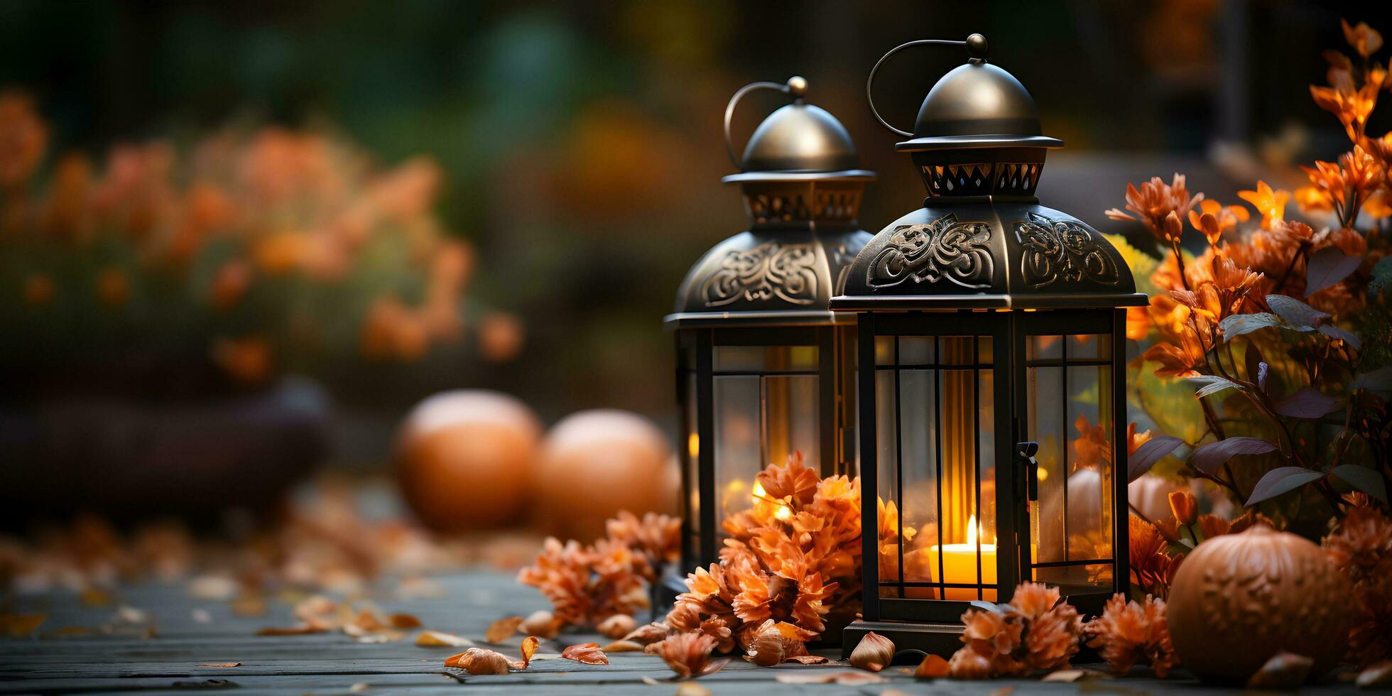 festlich Herbst Laterne Dekoration mit Kürbisse, Blumen und fallen Blätter. das Erntedankfest Tag oder Halloween Banner Konzept. foto