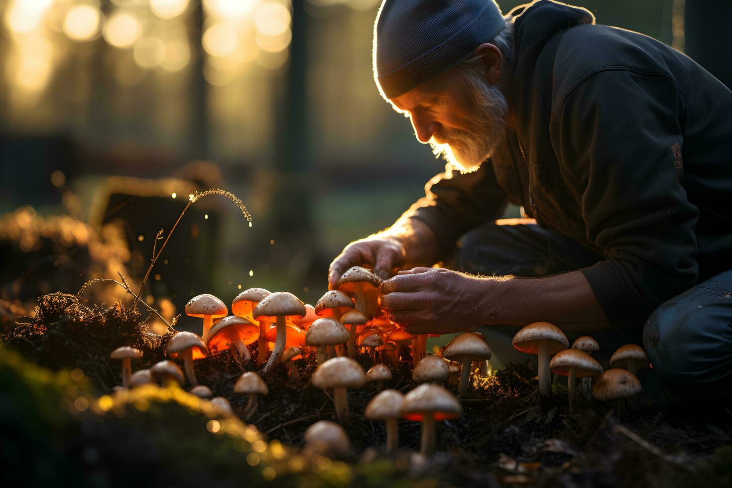 Mitte alt Mann pflücken Pilze im das Herbst Wald. pflücken Jahreszeit und Freizeit Menschen, fallen Konzept. foto