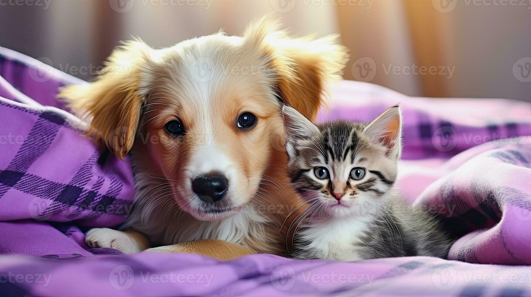 ai generativ, braun Hündchen und ein grau Kätzchen auf ein lila Decke foto