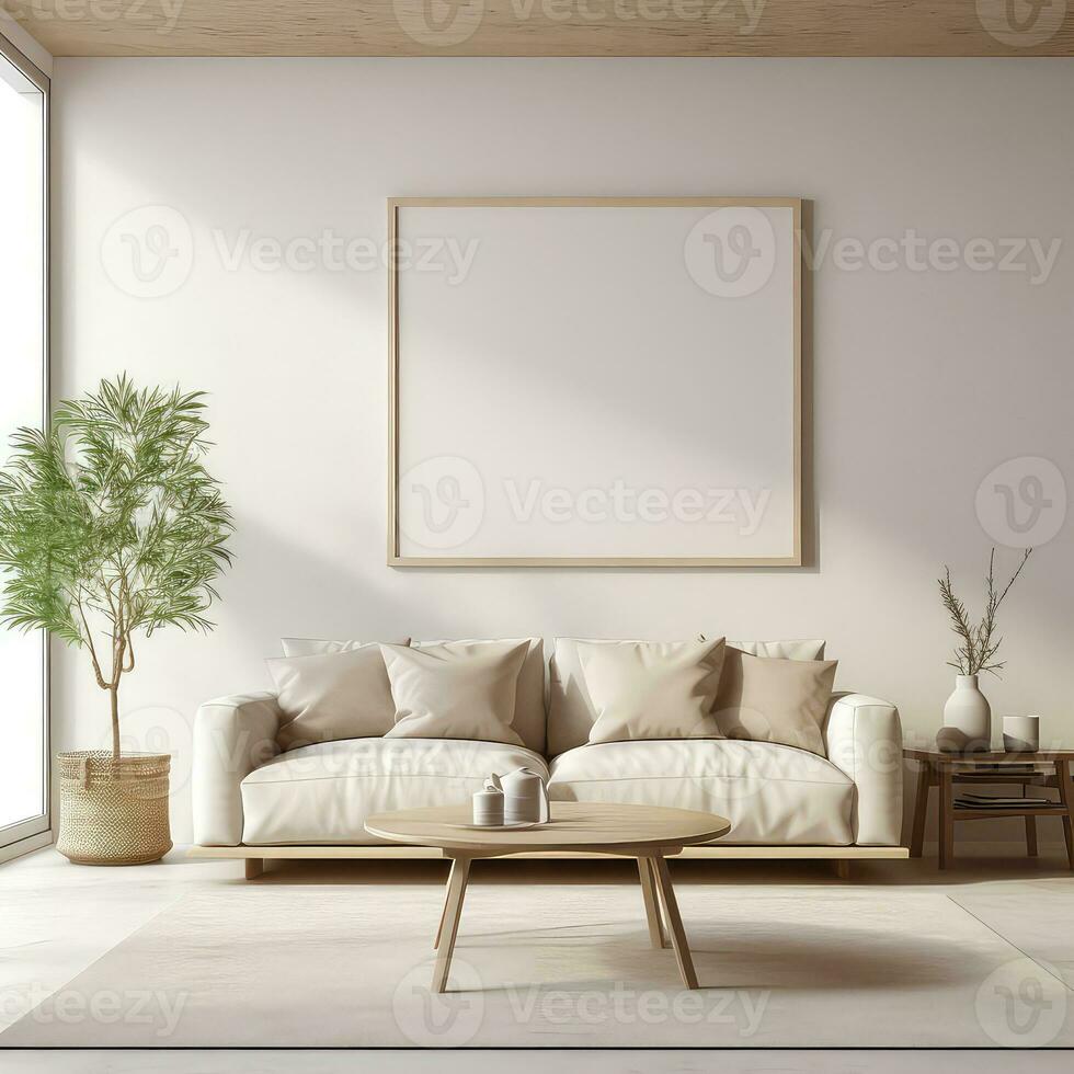 minimalistisch Leben Zimmer des Künstlers Rahmen auf Beige Teppich ai generiert foto