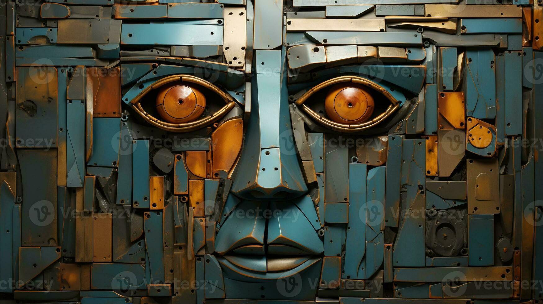 generativ ai, abstrakt Roboter Gesicht auf rostig Jahrgang Metall Hintergrund, geometrisch Formen foto