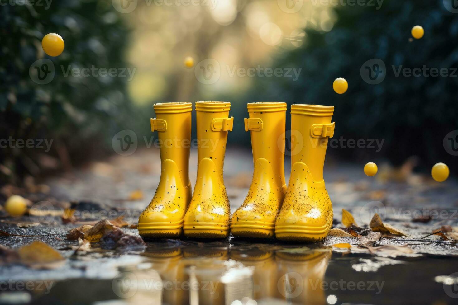 zwei Paare von Gummi Stiefel sind Stehen im ein Pfütze. ai generiert foto