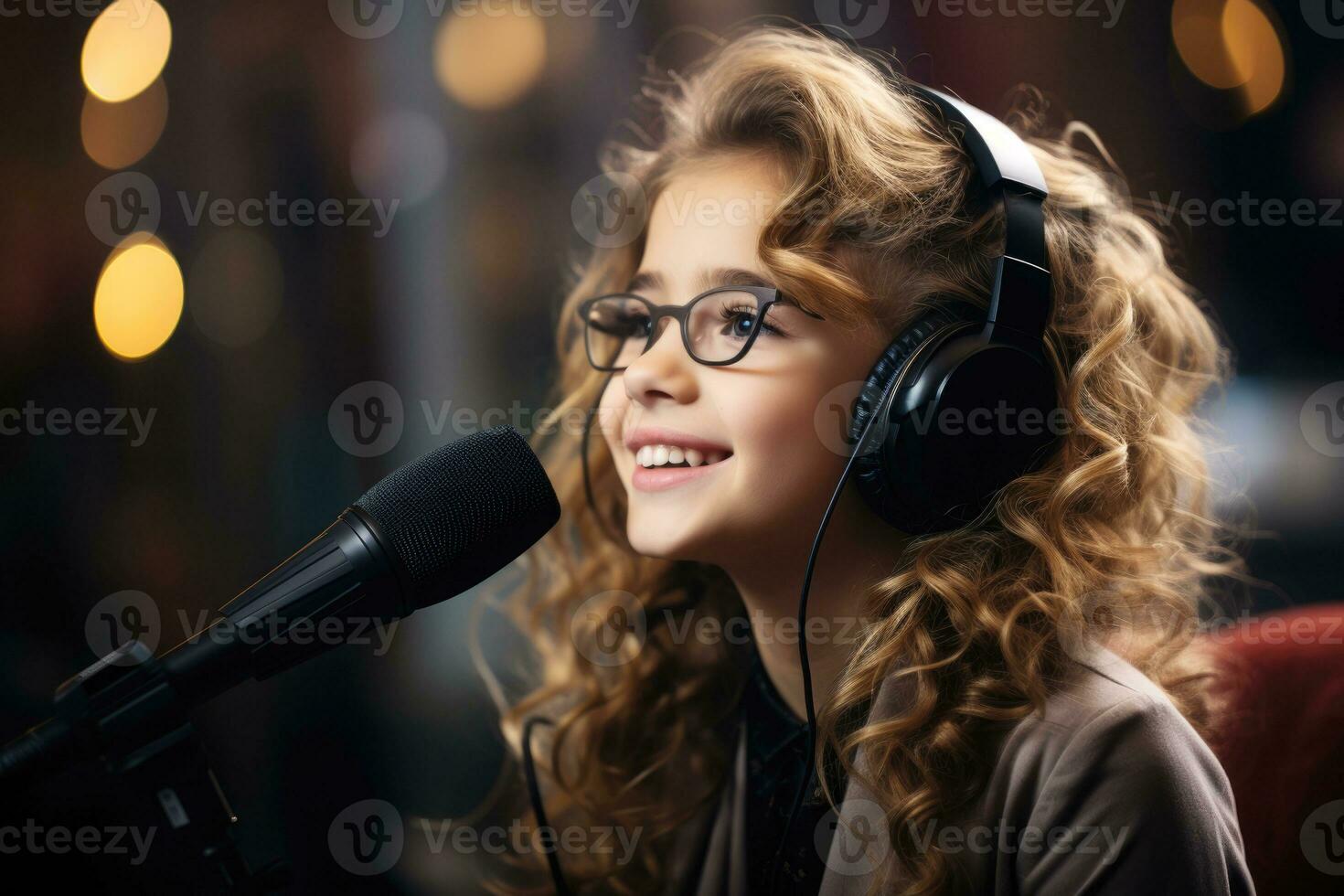 süß Mädchen mit Brille im ein Vokal Lektion. KI-generiert foto