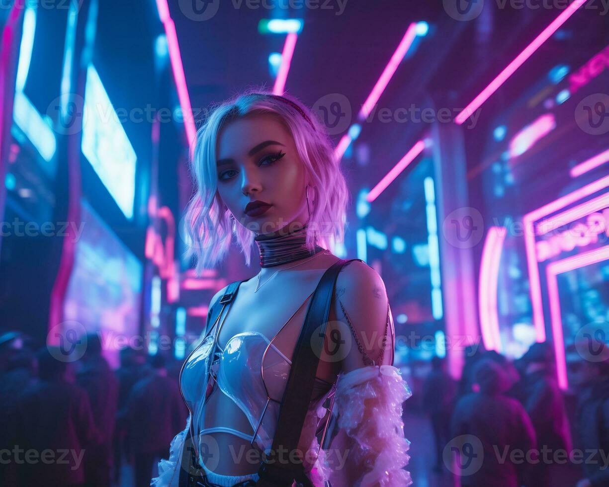 ein Foto von ein Mädchen im ein neonbeleuchtet Cyberpunk Kleidung im ein futuristisch Stadtbild beim Nacht ai generativ