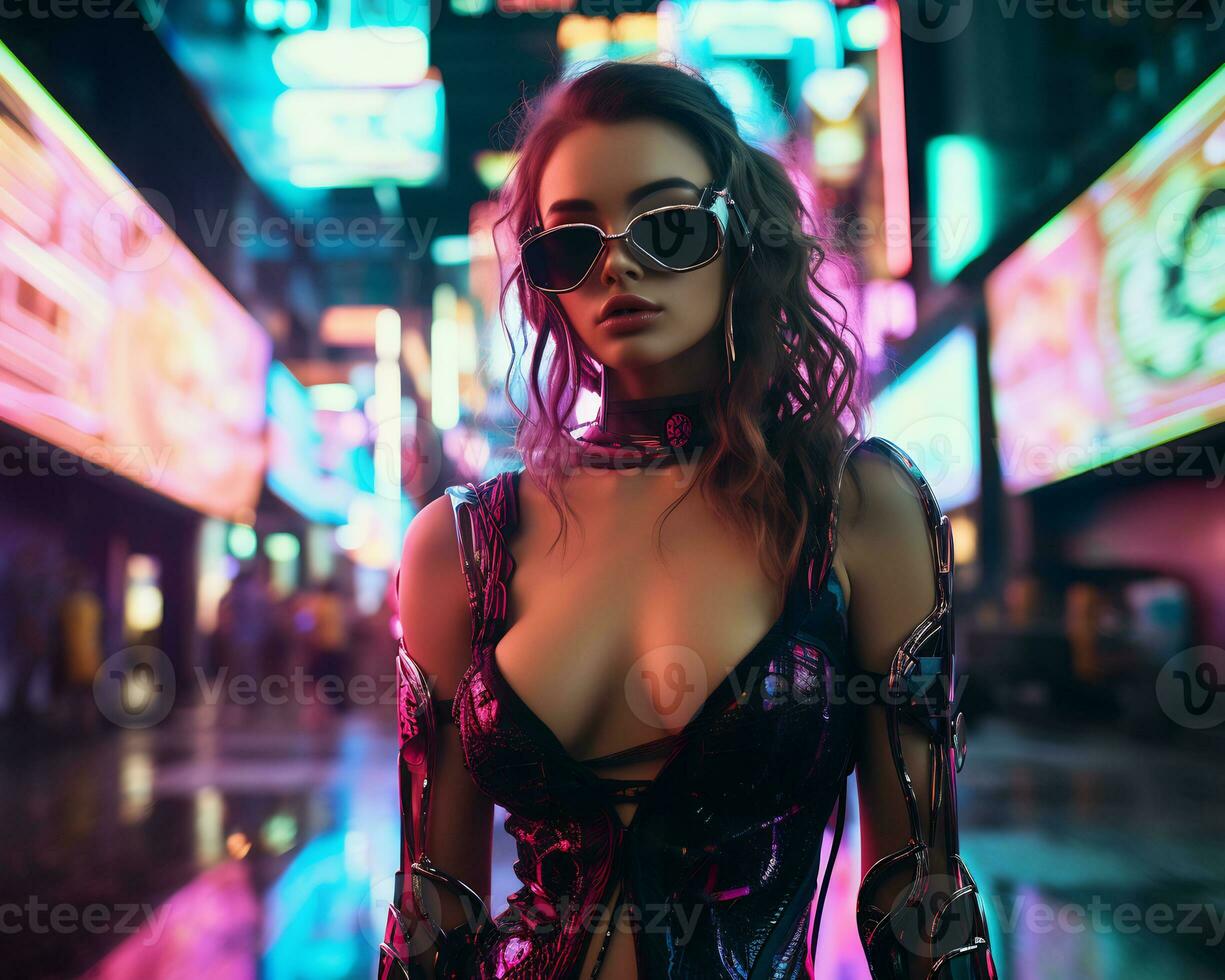 ein Foto von ein Mädchen im ein neonbeleuchtet Cyberpunk Kleidung im ein futuristisch Stadtbild beim Nacht ai generativ