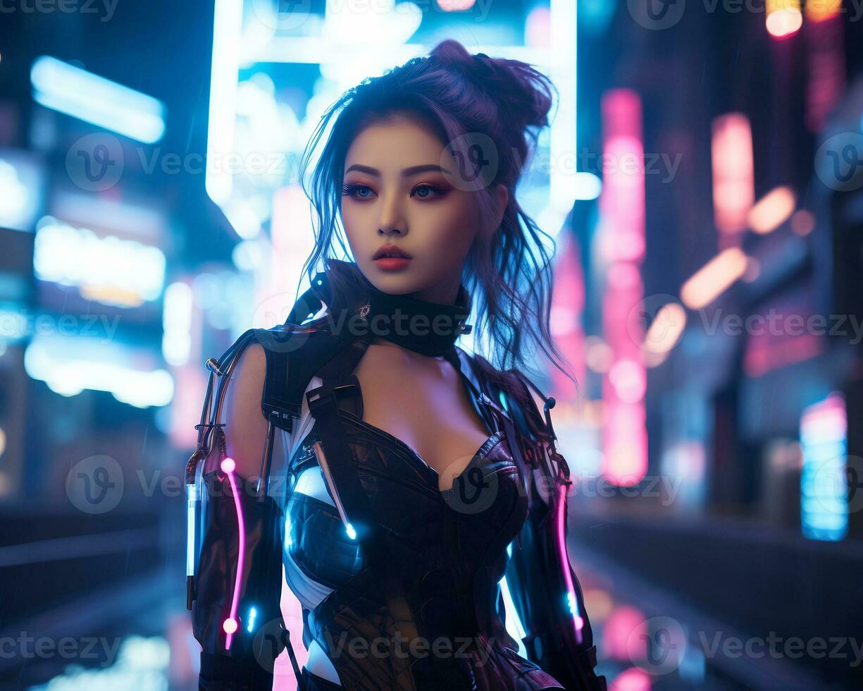 ein Foto von ein Mädchen im ein neonbeleuchtet Cyberpunk Kleidung im ein futuristisch Stadtbild beim Nacht ai generativ