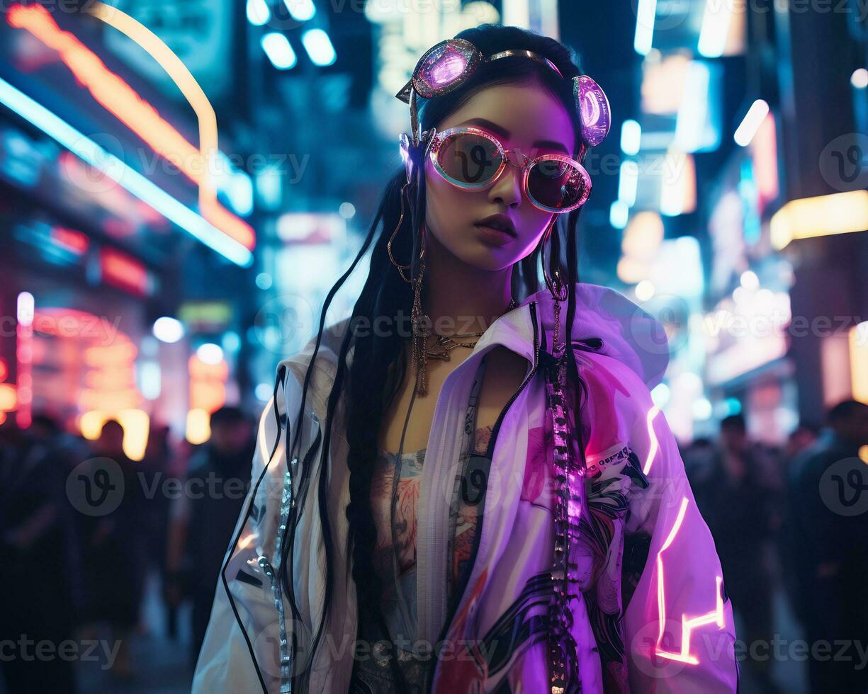 ein Foto von ein Mädchen im ein neonbeleuchtet Cyberpunk Kleidung im ein futuristisch Stadtbild beim Nacht ai generativ