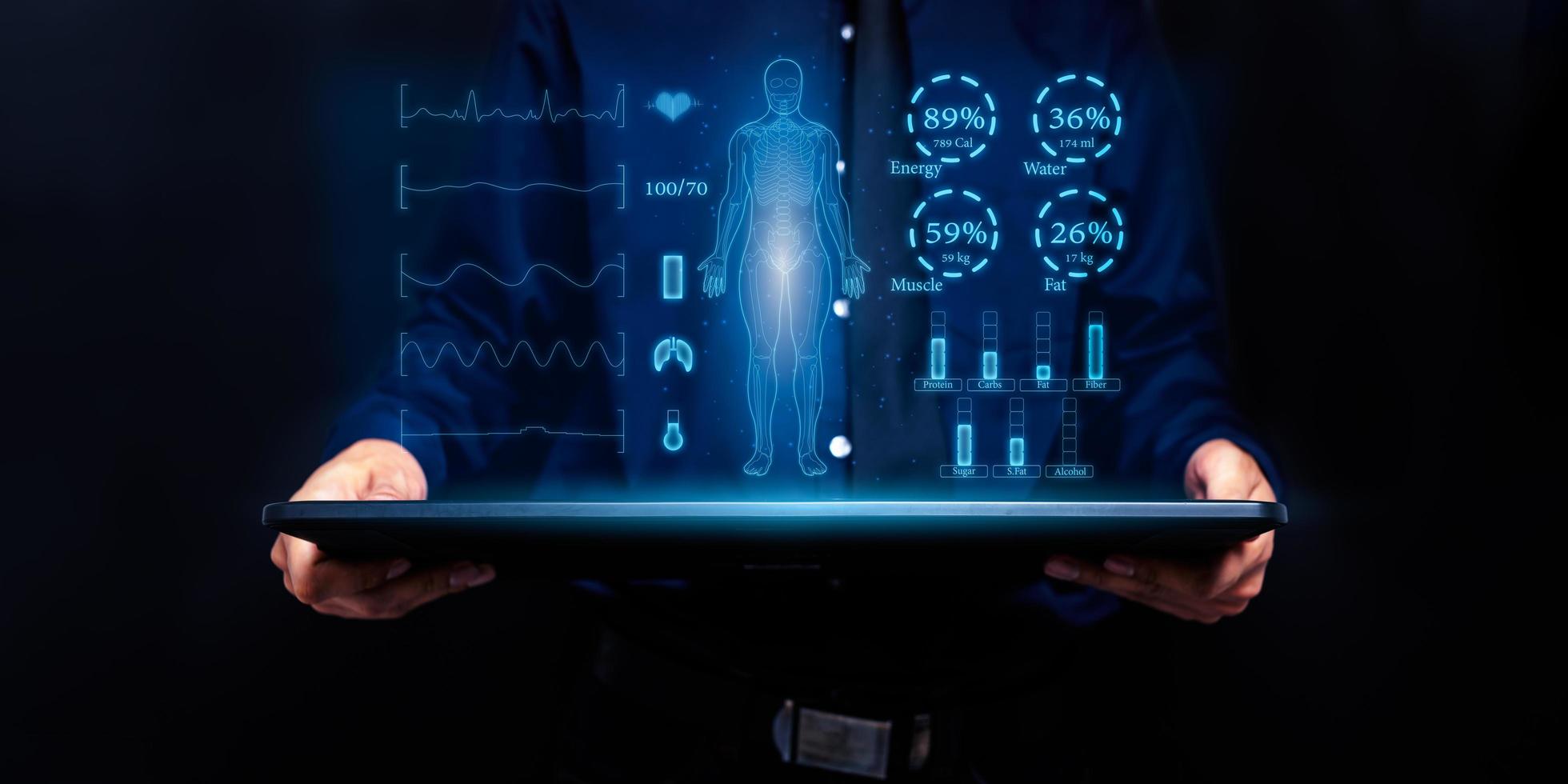 Hologramm-Bildschirm, scannen Sie den Körper, zeigen Sie die Nährstoffe im Körper an foto