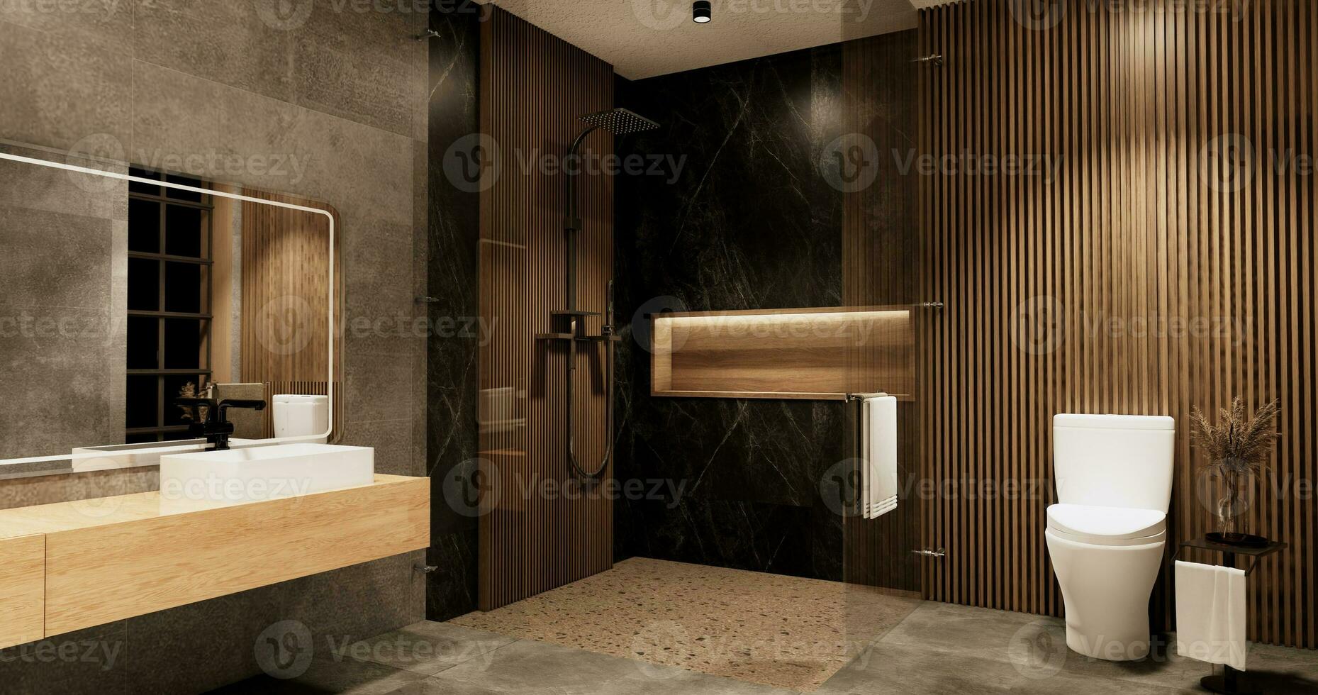 das Bad und Toilette auf Badezimmer japanisch Wabi Sabi Stil .3d Rendern foto