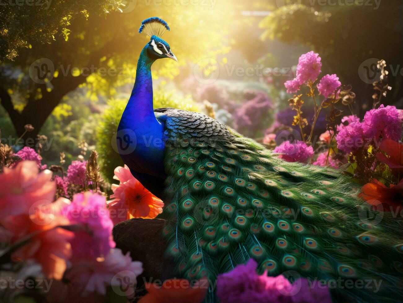 anmutig Pfau inmitten schön Blumen. ai generiert. foto