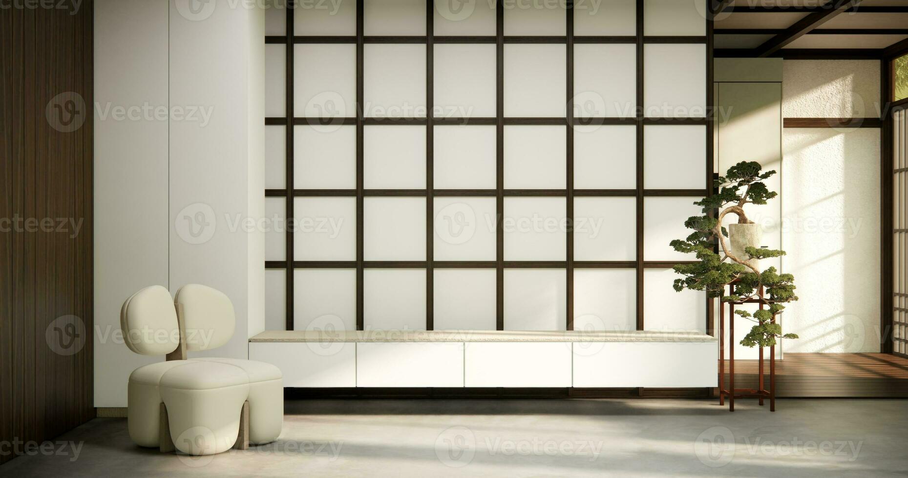 minimalistisch japandi Stil Leben Zimmer dekoriert mit Sofa foto