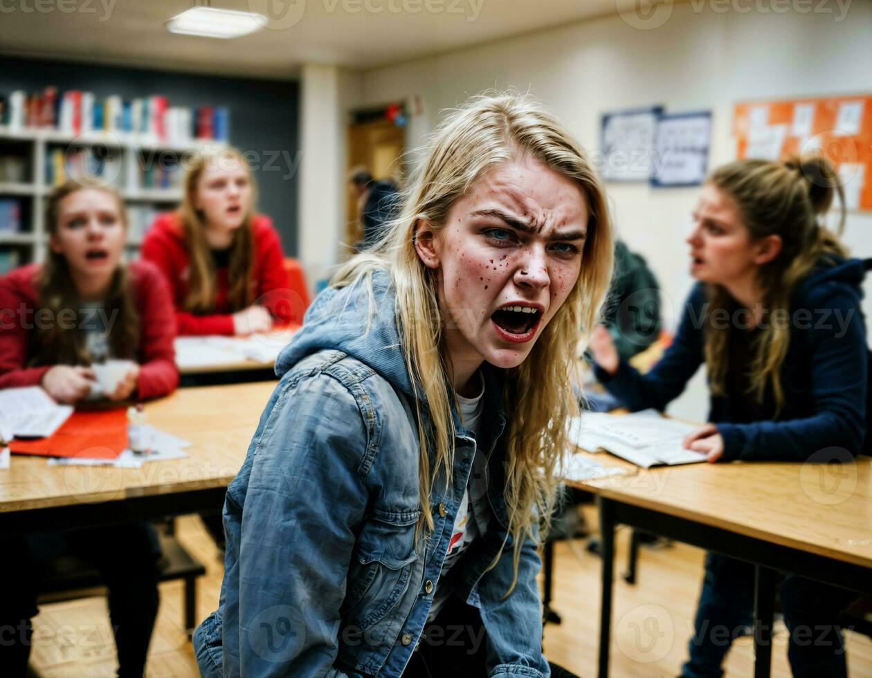 Foto von wütend Mädchen Teenager im Schule, generativ ai