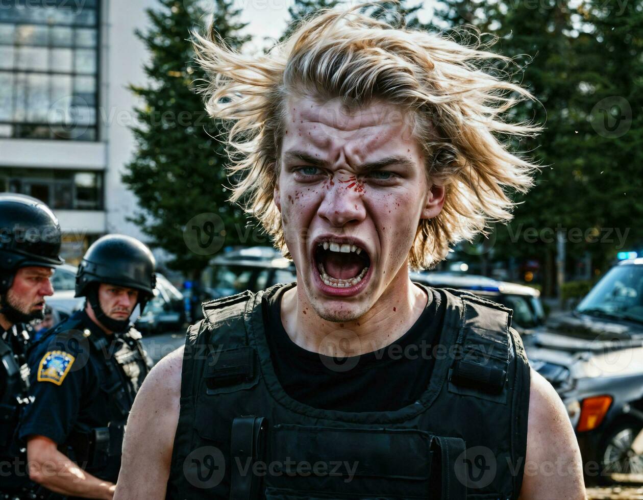 Foto von wütend Junge Teenager unter Steuerung mit Polizei, generativ ai