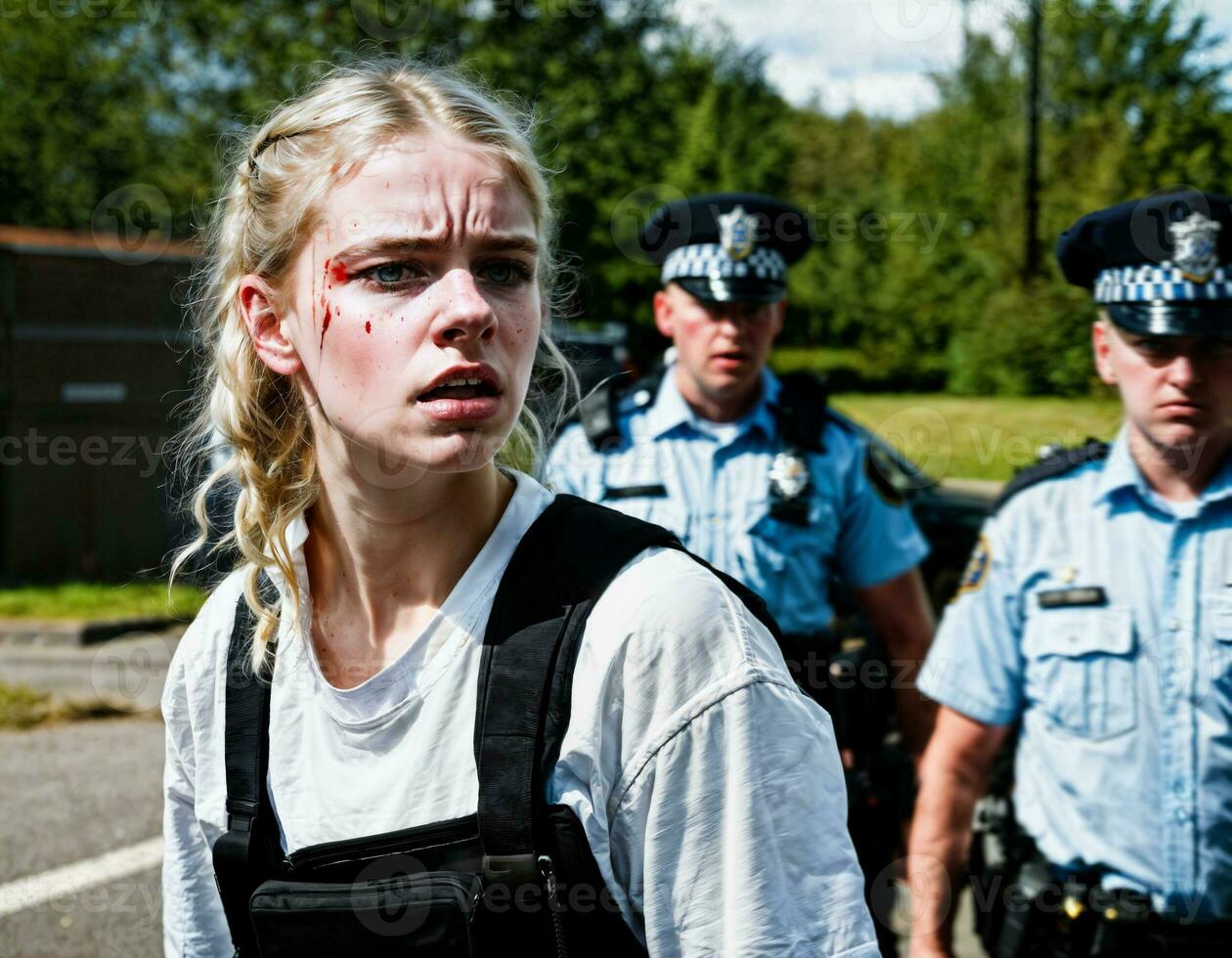 Foto von wütend Mädchen Teenager unter Steuerung mit Polizei, generativ ai