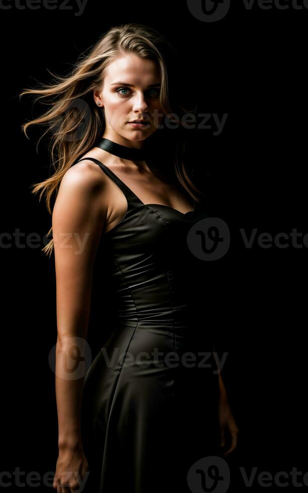 Foto von Frau tragen ein schwarz Kleid auf schwarz Hintergrund, generativ ai