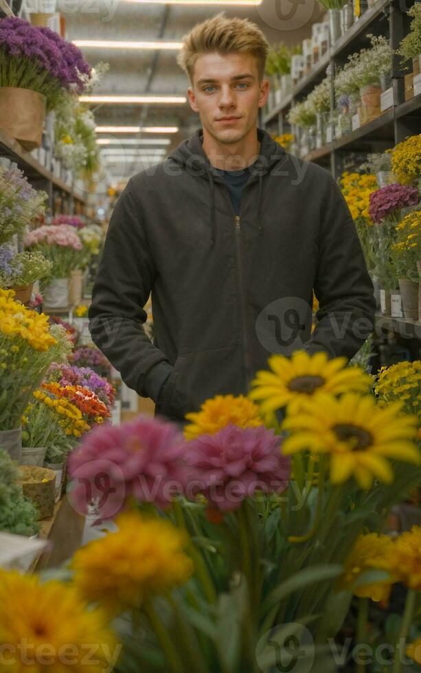 Foto von Mann wie ein Florist Blume speichern, generativ ai