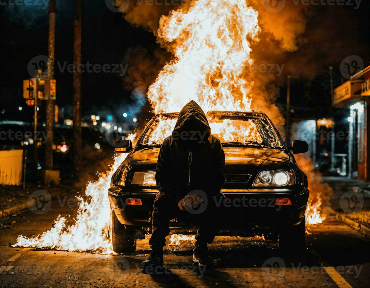 Foto von Mann tragen Kapuzenpullover Jacke im Vorderseite von Verbrennung Auto Startseite mit Feuer, generativ ai