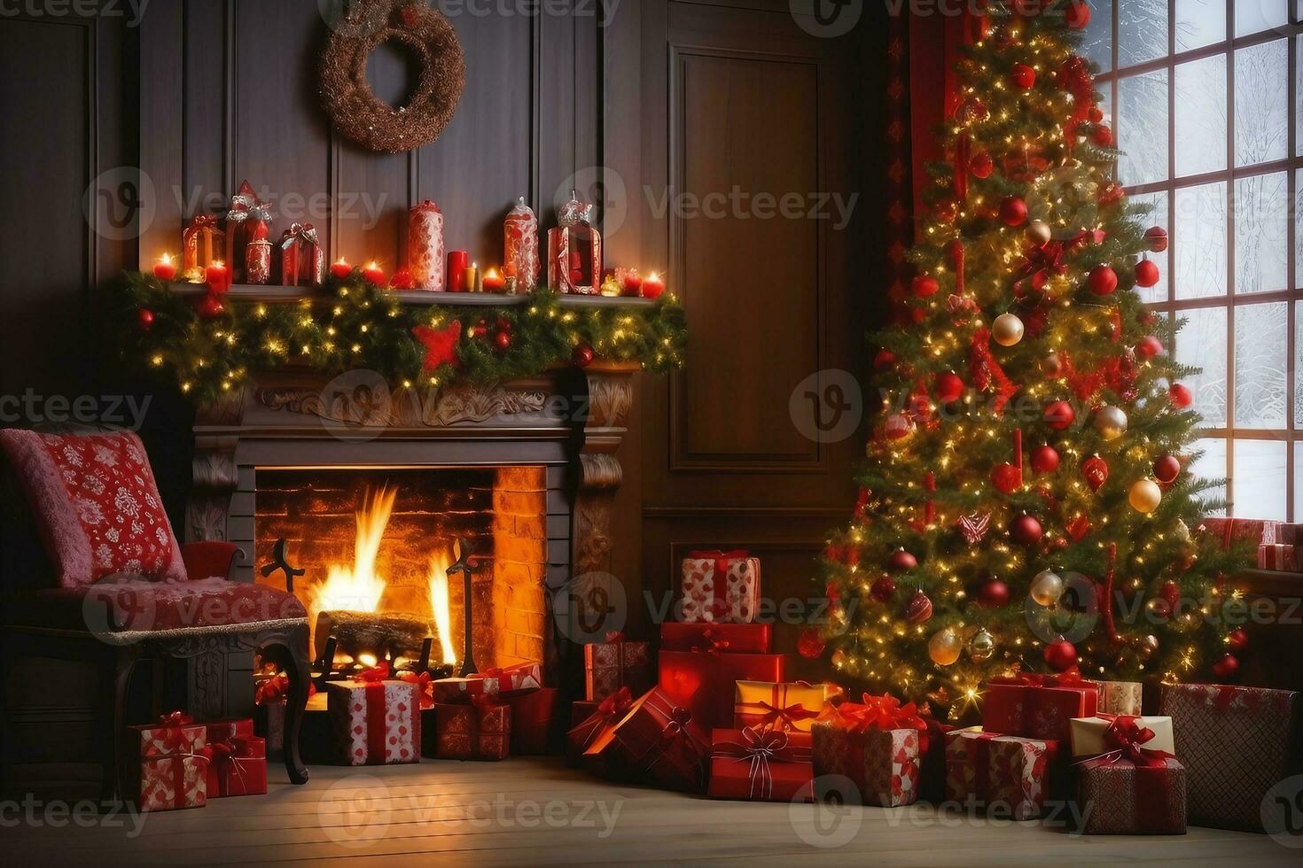 gemütlich Leben Zimmer mit schön Weihnachten Baum und rot Geschenke im  modern Innere. Innere von Leben Zimmer dekoriert zum fröhlich Weihnachten  mit Socken, Geschenk Kisten und Weihnachten Zubehör durch ai generiert  31355386
