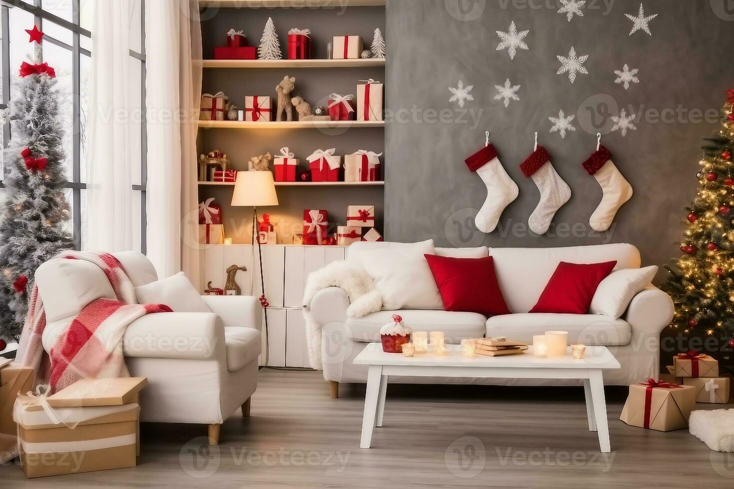 schön halten dekoriert Zimmer mit Weihnachten Baum mit die Geschenke unter Es. generativ ai. foto