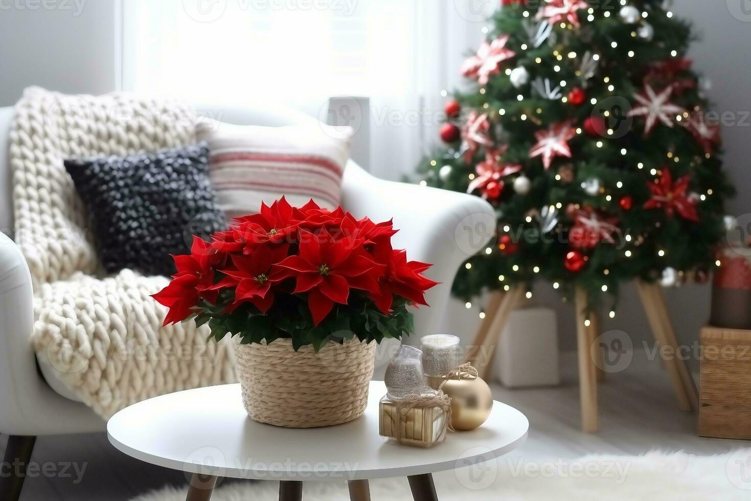 schön Weihnachtsstern und Geschenk Box auf Weiß Tabelle im stilvoll Leben Zimmer Innere. traditionell Weihnachten Blume. generativ ai. foto
