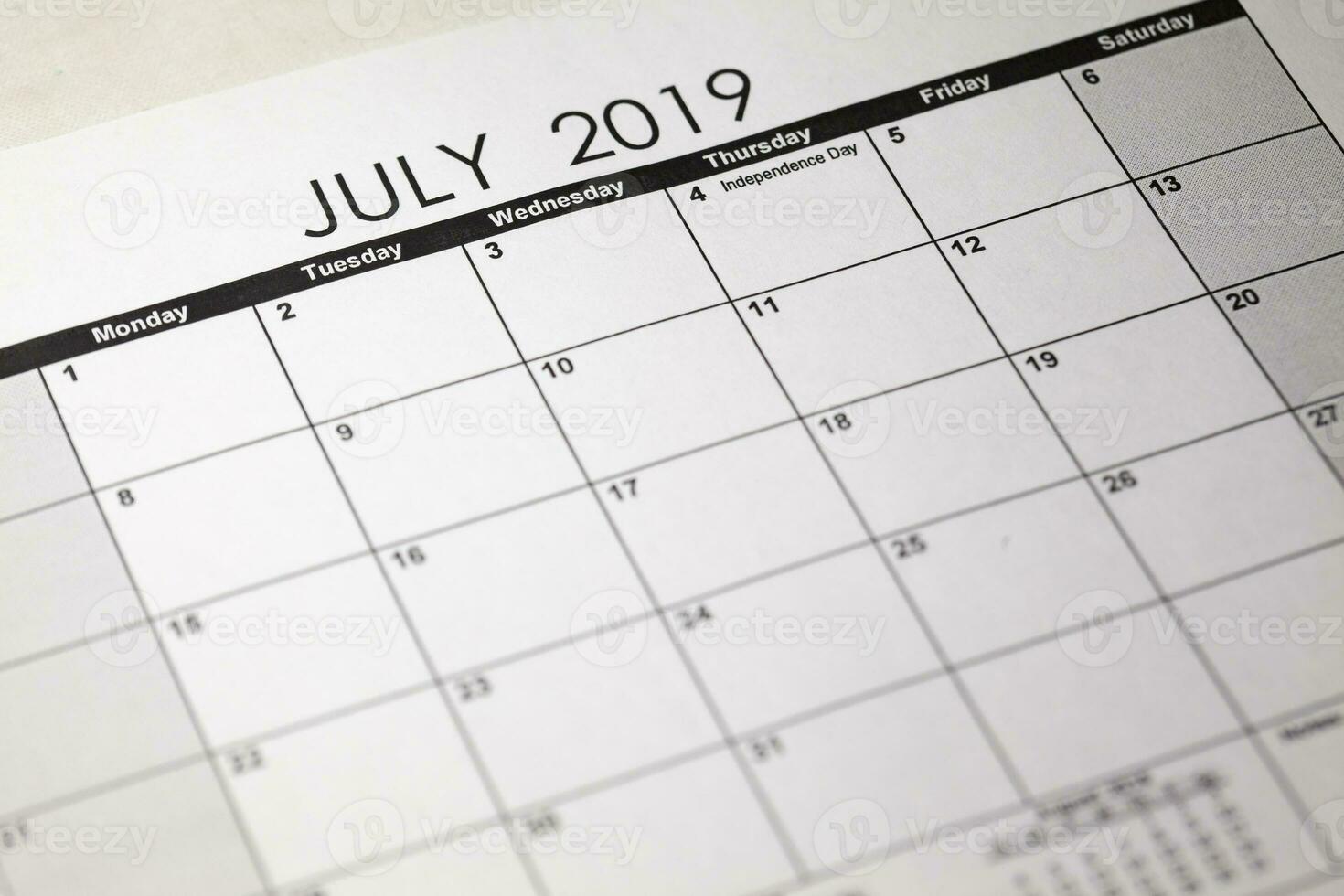 Kalender Seite zeigen 4 .. von Juli amerikanisch Unabhängigkeit Tag. 2019 Kalender. foto