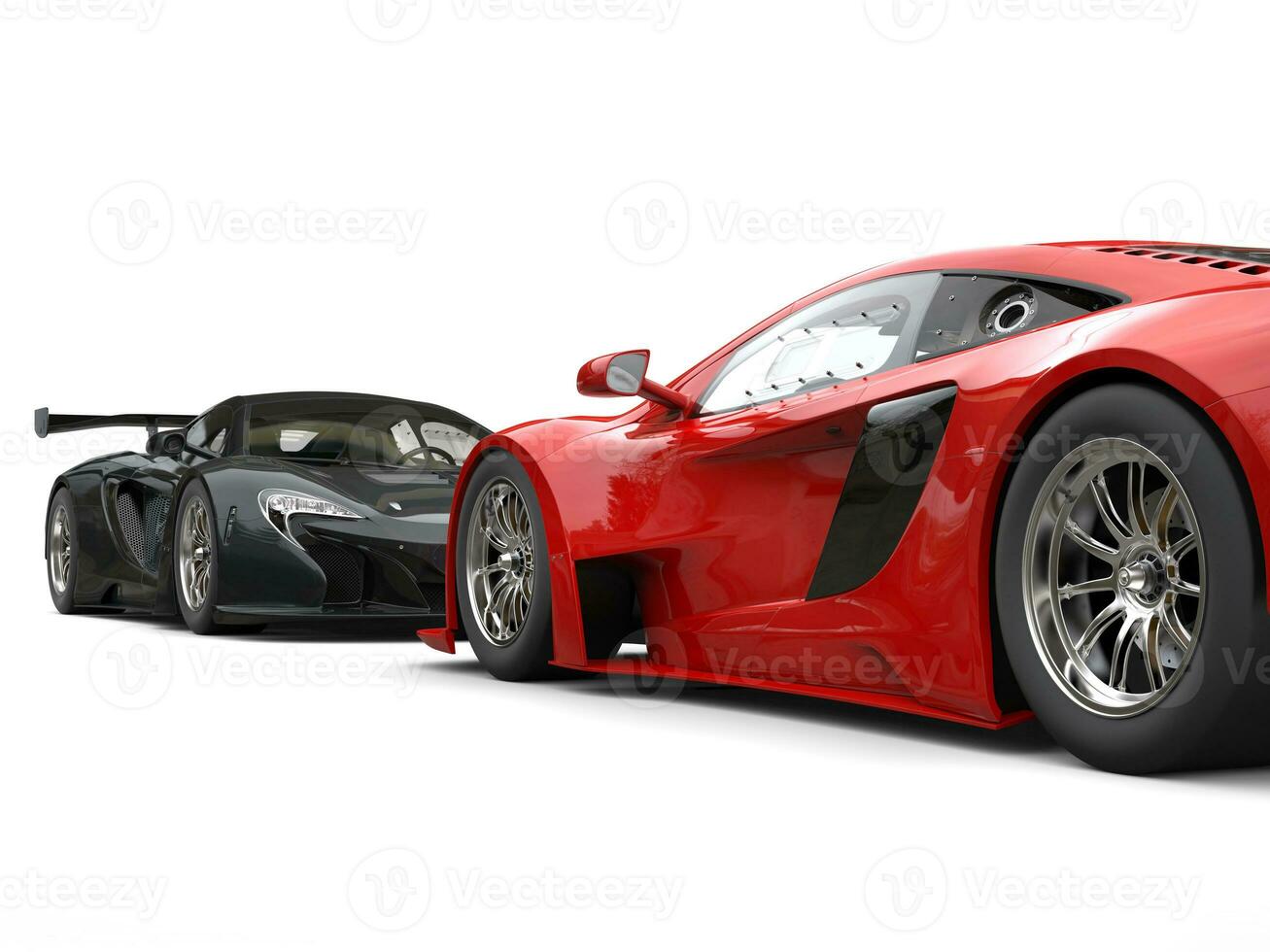 schwarz und rot Supersportwagen gegenüber jeder andere - - Fokus auf rot Auto foto