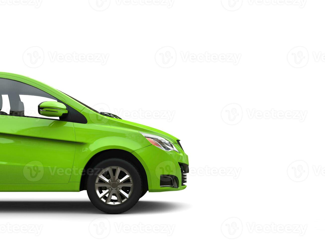 metallisch frisch Grün klein kompakt erschwinglich Öko freundlich Auto - - Seite Sicht, Schnitt Schuss - - isoliert auf Weiß Hintergrund foto