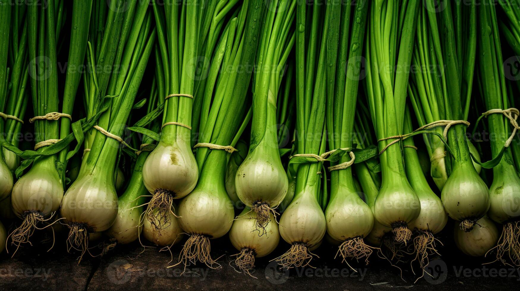 realistisch Foto von ein Bündel von Grün Zwiebel. oben Aussicht Gemüse Landschaft. ai generiert