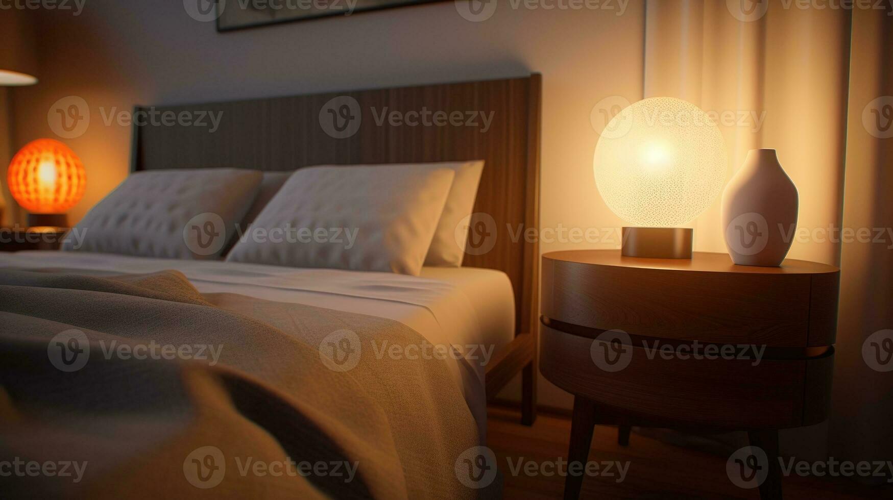 realistisch Foto von Innere modern Stil Schlafzimmer, mit warm Licht Zustand.. ai generiert