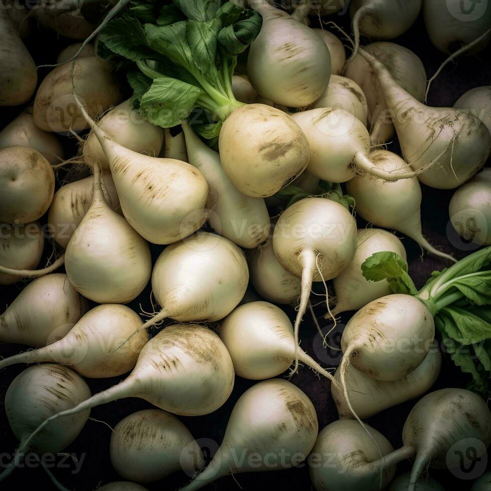 realistisch Foto von ein Bündel von Weiß Rettich. oben Aussicht Gemüse Landschaft. ai generiert