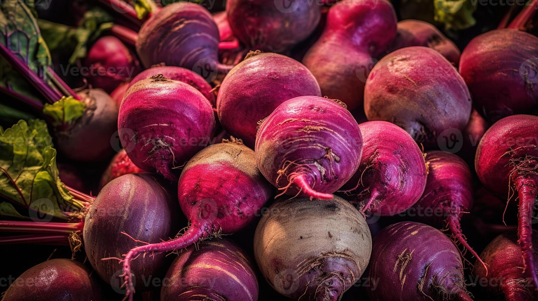 realistisch Foto von ein Bündel von Rote Beete. oben Aussicht Gemüse Landschaft. ai generiert