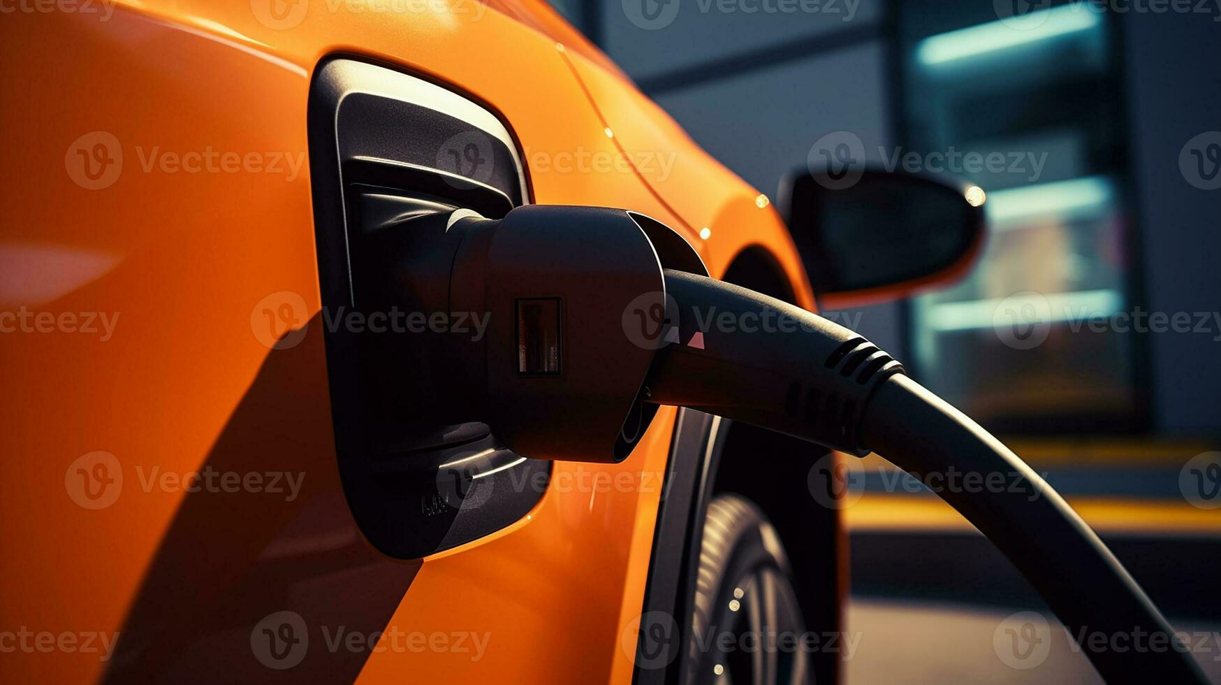 schließen oben Aussicht Ladegerät Hafen von elektrisch Fahrzeug. elektrisch Auto ist Sein berechnet mit ein schließen oben Aussicht von das Verbinder befestigt zu das Fahrzeug. generativ ai foto