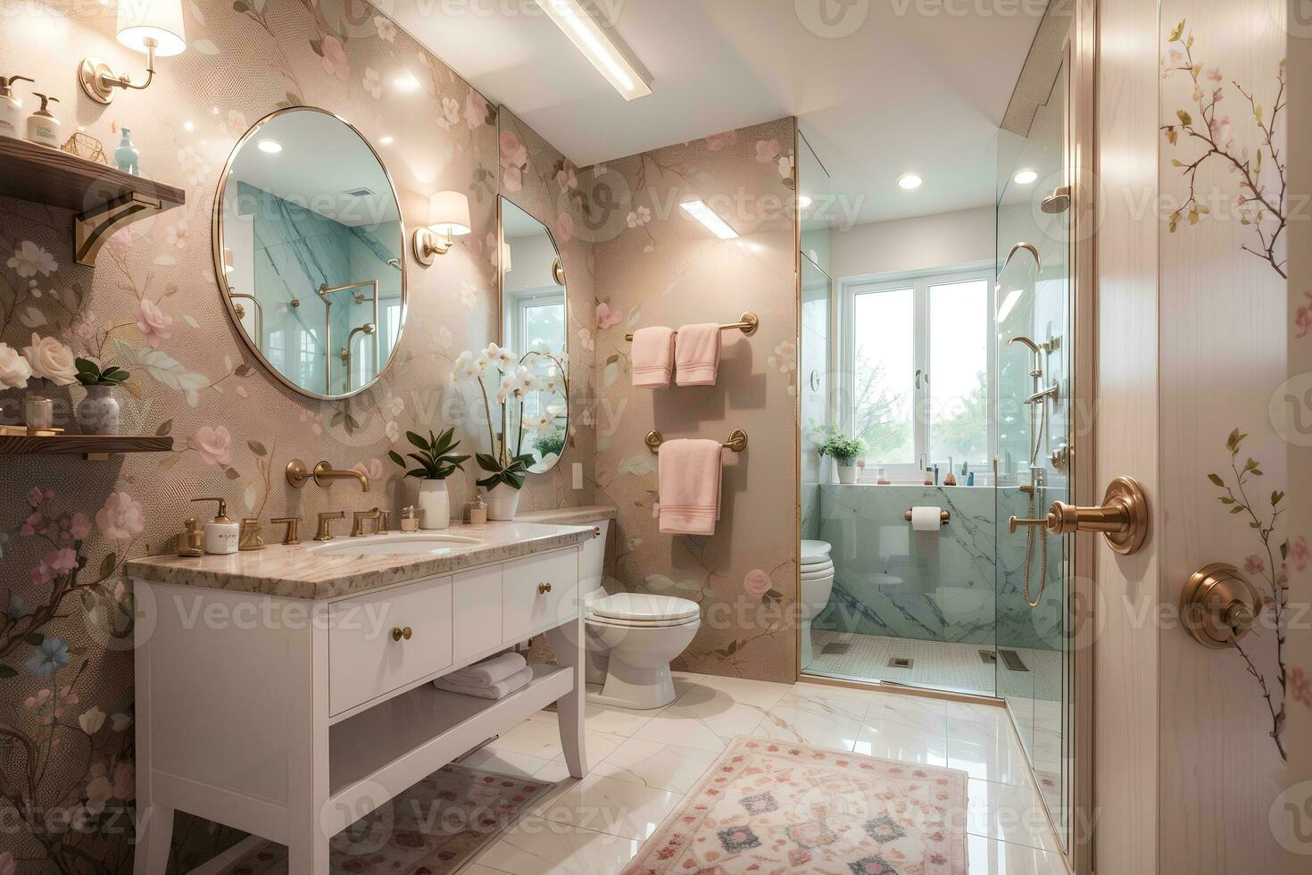 luxuriös Badezimmer mit elegant Möbel und geschmackvoll Dekor. heiter und geräumig Leben Raum, Pfirsich und Pulver Rosa Luxus Innere Design Blumen- Farbe Toilette und Dusche mit Waschbecken.ai generiert foto