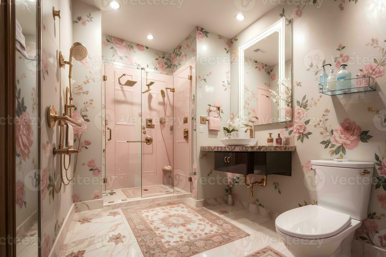 luxuriös Badezimmer mit elegant Möbel und geschmackvoll Dekor. heiter und geräumig Leben Raum, Pfirsich und Pulver Rosa Luxus Innere Design Blumen- Farbe Toilette und Dusche mit Waschbecken.ai generiert foto