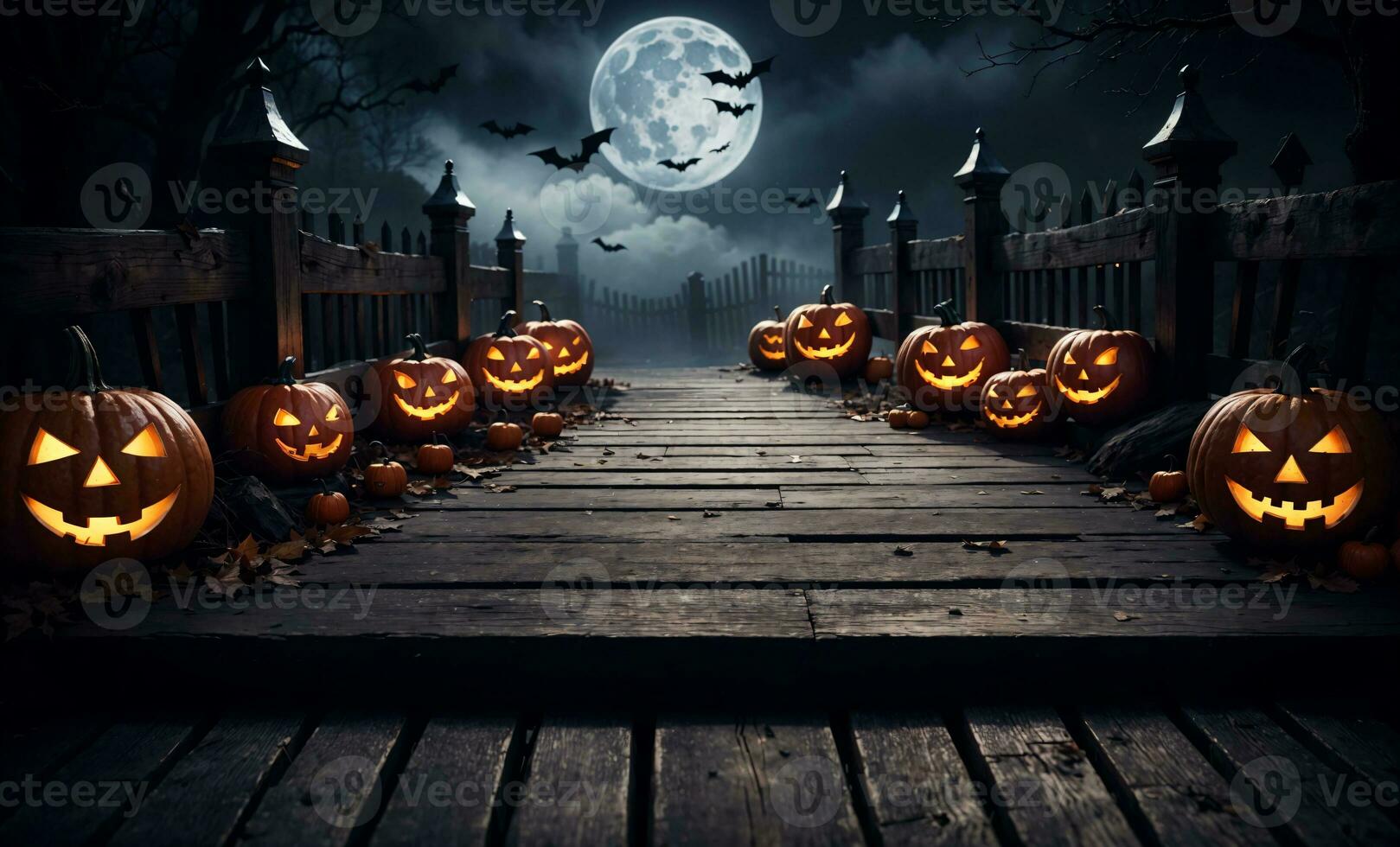 Halloween Kürbisse auf ein gespenstisch Brücke, ai generiert foto